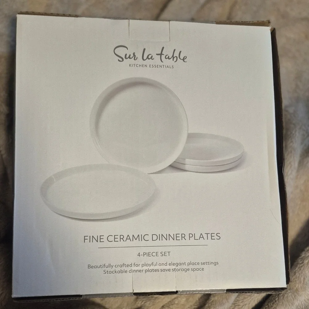 Sur La Table Kitchen Essentials Fine Ceramic Dinner Plates White 4-Piece Set